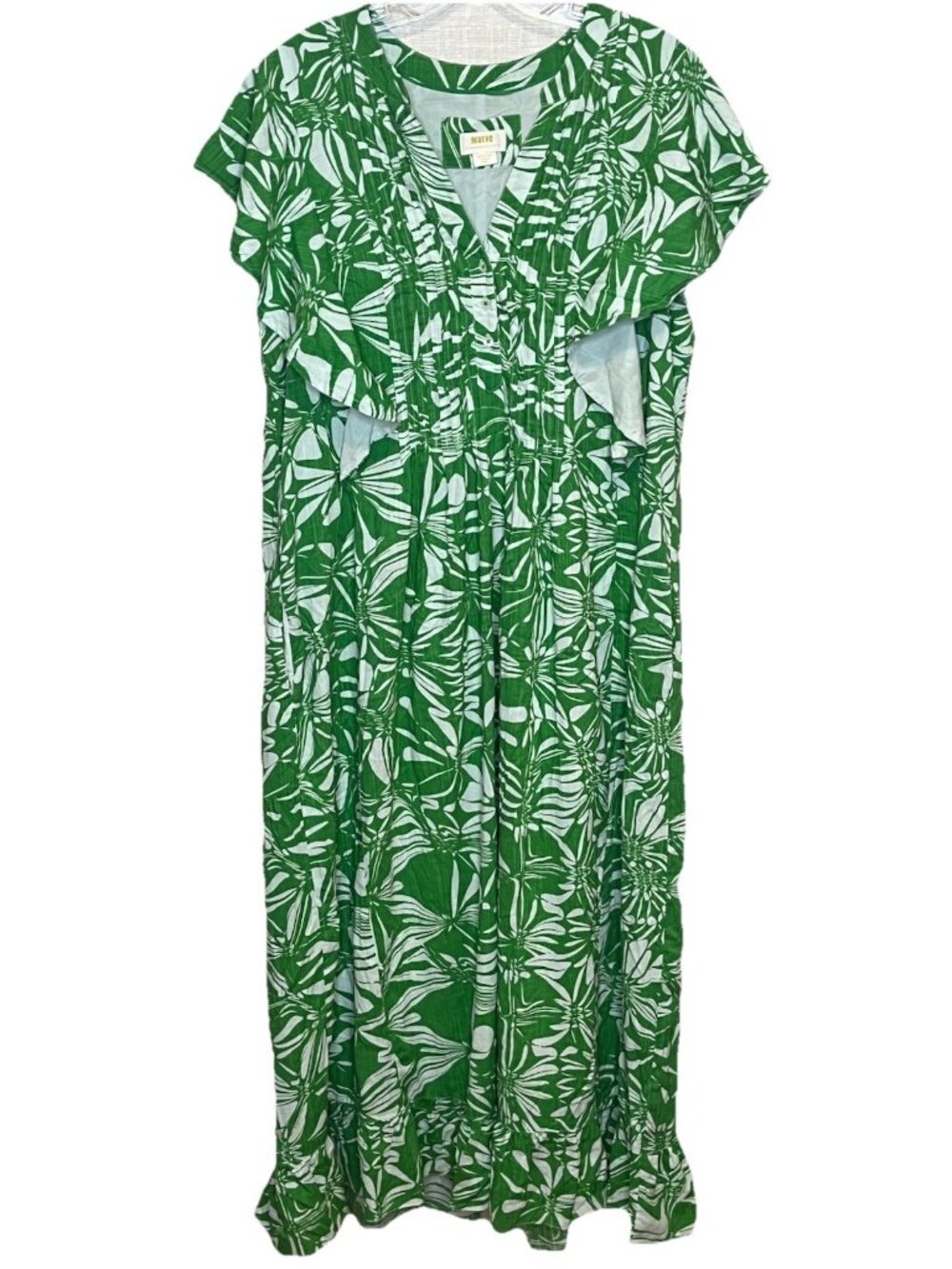 Maeve Anthropologie Green Floral Maxi Dress M Flutter Sleeve Pintuck Boho Resort